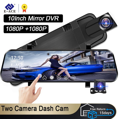 Mirror Dash Cam | 10 IPS Touch Screen | Dual 1080P Front & Rear | Night Vision | Streaming Rearview Mirror DVR
