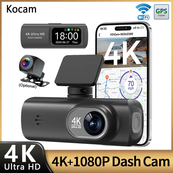 UHD 4K WiFi Dash Cam Dual Lens Driving Recorder Car DVR Optional 1080P Rear Lens Camera GPS 24H Parking Monitoring Black Box