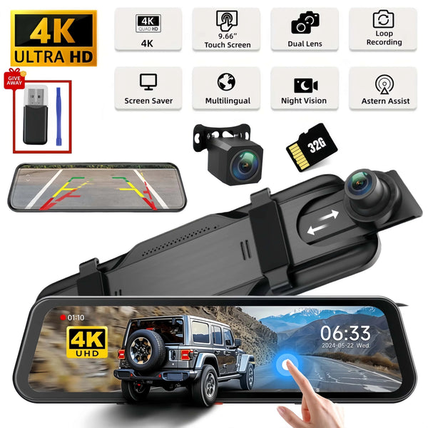 Pro 4K Mirror Dash Cam — 10 IPS Touch Screen, Dual Lens Front & Rear, Night Vision + AHD Backup Camera