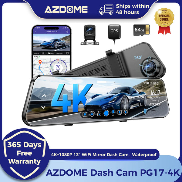 4K WiFi Mirror Dash Cam – Dual Front & Rear Camera, Touch IPS Display, GPS, Voice Control & 64GB Card