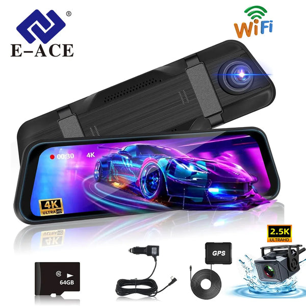 E-ACE 4K Mirror 9.66'' WIFI GPS Dashcam Optional 2.5K Rear Camera Full Touch Screen Rearview Mirror Camera For WiFi&APP Control