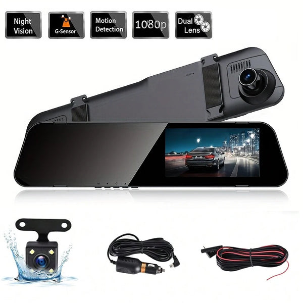 Dual Camera Dash Cam, Front/Rear Lenses, Rearview Mirror Cam, 64GB Card, Infrared Night Vision, Wide Angle, Loop Recording