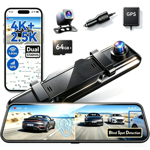 2 Mirror Dash Cam, 10-inch Touch Screen, 4K Front + 2.5K Rear, CarBackup Camera, Full-Color Night Vision,5.8G WiFi, BSD BlindSpot Monitoring, GPS Tracking, Includes 64GB Memory Card