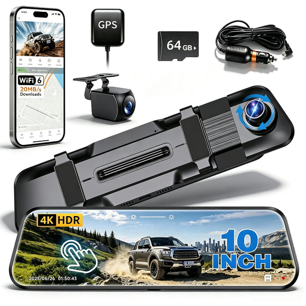 4K+2.5K Mirror Dash Cam, Rear View Mirror Camera 10'', With ADAS and BSD, Full Touch Screen Dash Cam, Front and Rear Camera with Night Vision,  5.8G Wifi & GPS, Streaming Media, 170° Wide Angle, Parking Assistance, Free 64GB
