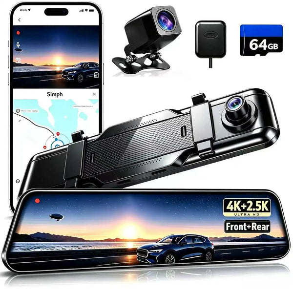 X12 PRO 4K+2.5K Mirror Dash Cam with ADAS and BSD and LCA, 10'' IPS Screen Smart Rear View Mirror with 5.8GHz WiFi, 10 Inches Camera Includes 64GB Card, GPS, G-Sensor, Loop Recording