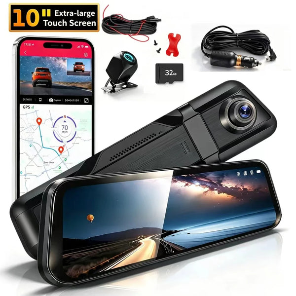 10"IPS Touch Screen Mirror Dash Cam Front and Rear, 4K Dual Recording, AHD Backup Camera,  With 5.8GHz WiFi, Night Vision, G-Sensor, With 32G Card. Limited Time