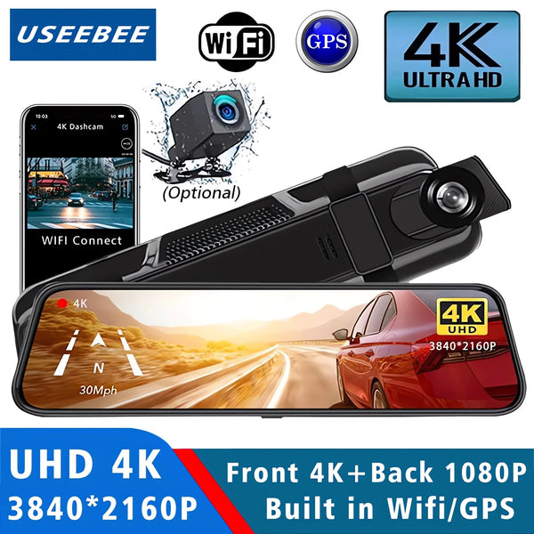 10 Inch 4K 2160P Dash Cam Wifi GPS Car Dvr Dual Lens Dashcam Stream Rear View Mirror IPS Video Drive Recorder Camera Registrar